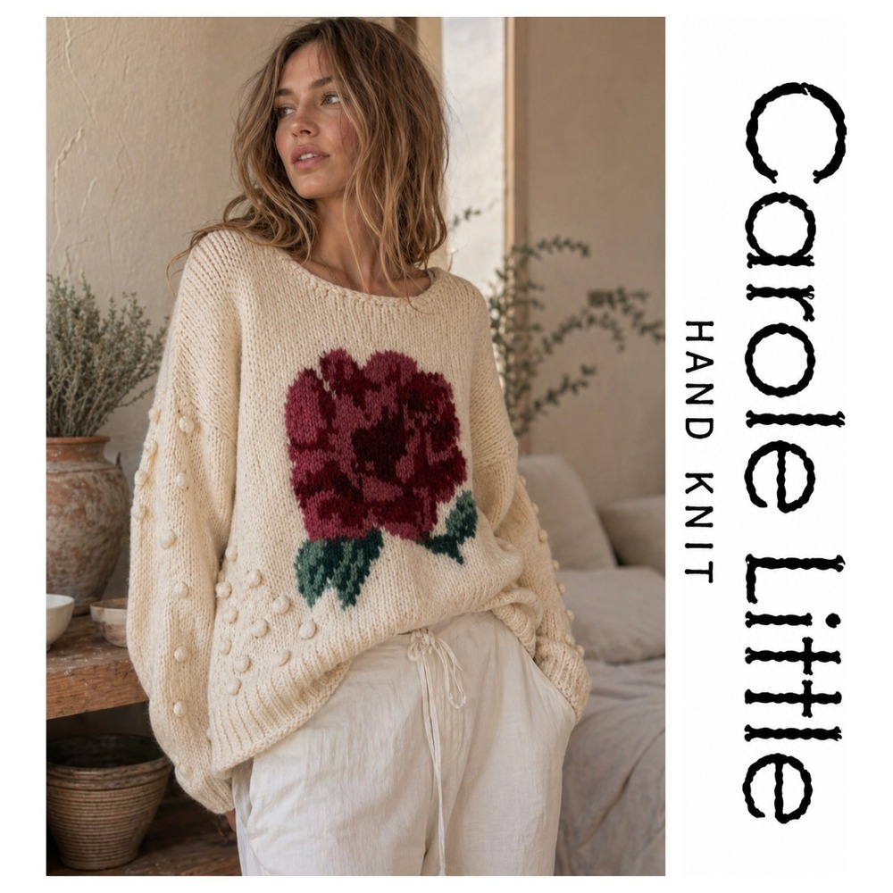 Carole Little Vtg Rose Cream Hand Knit Oversized Chunky Bobble Cottage Sweater M